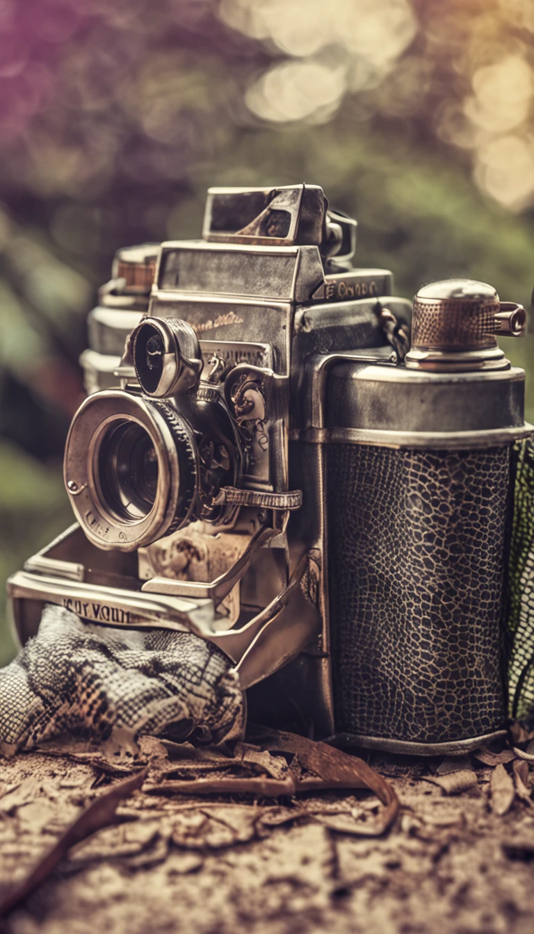 "Life is like a camera. Foque no positivo, capture o negativo e desenvolva o resultado." - Create an image that shows an old camera, com uma lente grande e um visor. Add a blurry background with vibrant cores to represent the positive, e um objeto em primeiro plano para representar o negativo. Finalize com um resultado desenvolvido na fotografia.