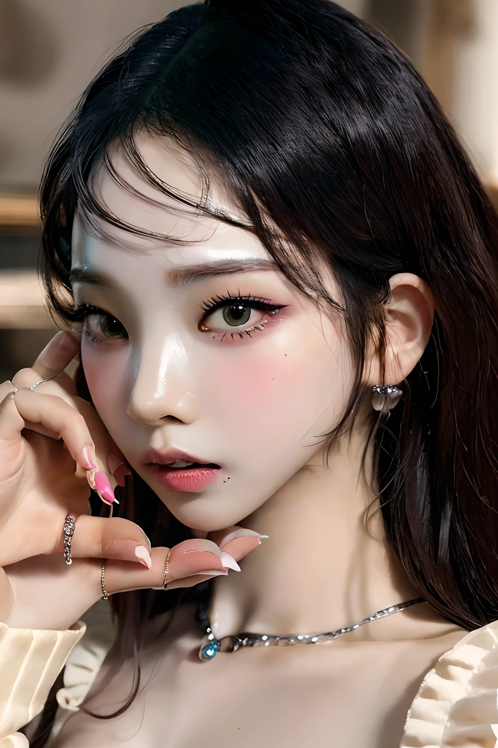 Best quality at best, masterpiece, The ultra-Highres, (photorealestic:1.4),1girll, Solo, jewely, A dark-haired, earings, viewer, black eyes, figure, makeups, lip, Photorealistic, long hair, s whole body, nudity, Intercourse, Pink penis