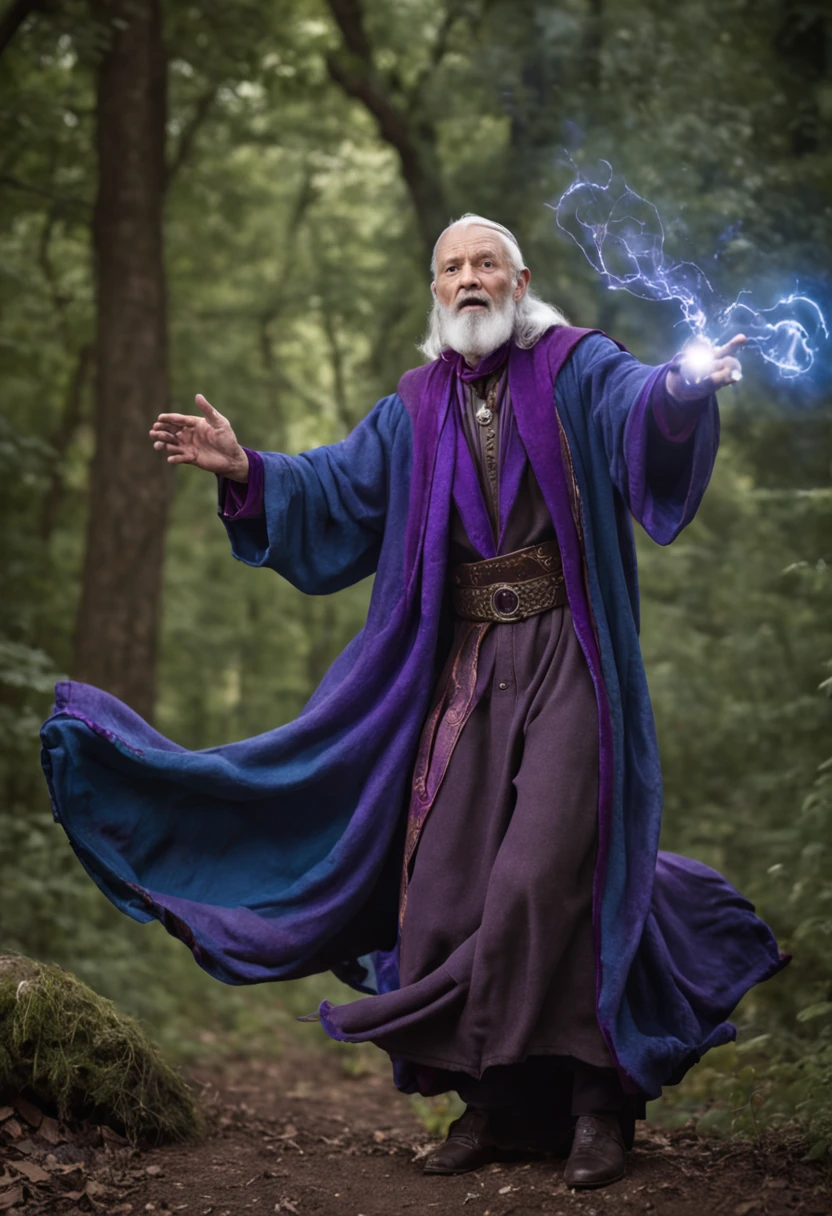 An aged wizard casting the spell Magic Missile, the spell featuring colors of Deep blue and purples, portrayed through digital illustration reminiscent of classical fantasy book covers. Inspired by the works of Frank Frazetta, the scene captures the wizard in a dynamic pose with swirling energies around him. The color temperature leans towards cool blues and purples, conveying an otherworldly feel. The wizard's determined expression is highlighted by soft, ethereal lighting, creating a mysterious and enchanting atmosphere