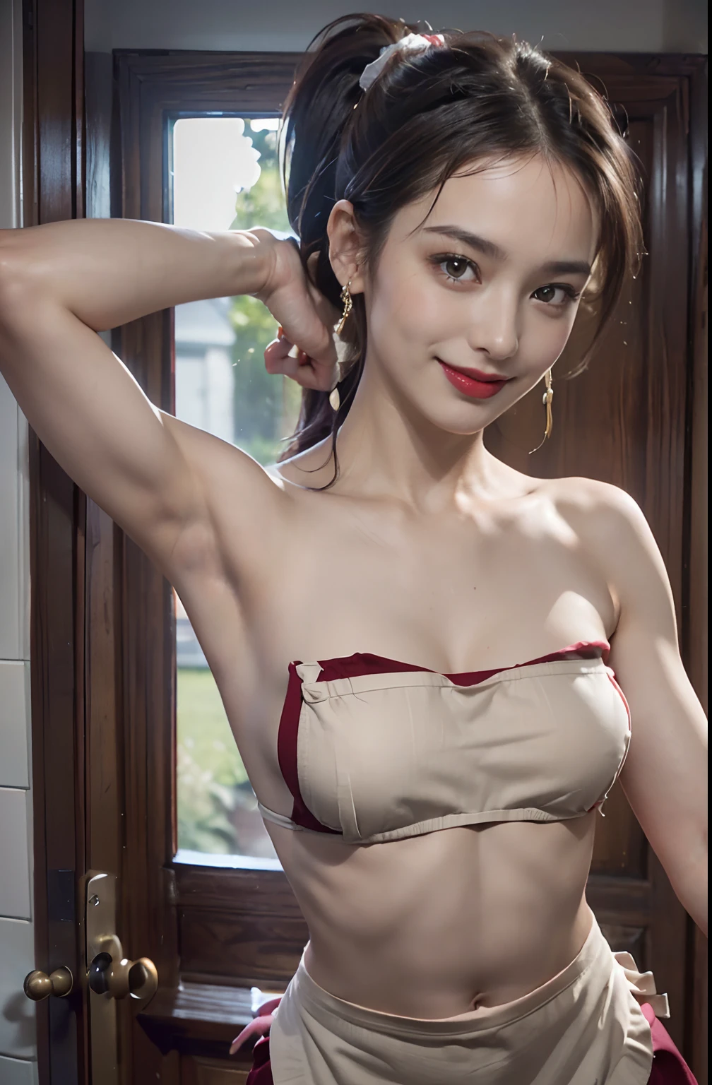 ((Naked strapless apron length to groin、Apron in small size、The lower part of the chest is always visible、stomach and navel are visible、Raise your hand to show your armpits、Show underarms、Ultra-realistic armpits、Armpit、Navel、Detailed armpit wrinkles、Stand up straight、realistic navel、It is a short strapless apron.、Detailed armpit pores、Realistic armpit skin、Black armpit skin、Detailed and realistic armpits、armpit pose、The front door is open、gazing at viewer、smil、Full body armpits standing facing the viewer、Show both armpits、Naked in a strapless apron that goes up to the groin、Stand straight facing the front、Show armpits、Show your stomach、Show the navel、Stand at the front door of the house、Watched over by a pizza delivery man、Stand in front of the delivery man at the front door of your house)), (illustratio), (hight resolution), (8K), (ighly detailed), (The best illustrations), (armpit pose、Raise your hands in a bare strapless apron to show your armpits、beatiful detailed eyes), (top-quality), (ultra-detailliert), (​masterpiece), (wall-paper), (详细的脸、red lipsticks), (A smile、((40 years,red lipsticks,femele,Show realistic armpits))、Brown hair,high-ponytail Hairstyle,((Wear only an apron、Show the navel、Show armpits)), japanes,(Slim body、Small)