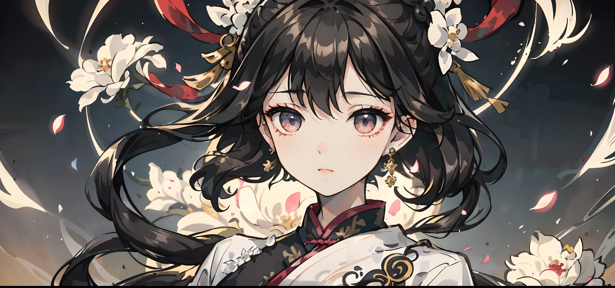 Official Art Illustration, Girl, Black Eyes, Black Hair Color, Floating Hair, Hairpin, Delicate Eyes, Intricate White Hanfu, Gorgeous Accessories, Intricate Filigree, Wearing Earrings, FOV, F/1.8, Masterpiece, Background with Ancient Chinese Style Architecture, Night, Petals Flying, Frontal Perspective, Chang'e, Side Light, Moonlight Shining on People, 8K, Hazy