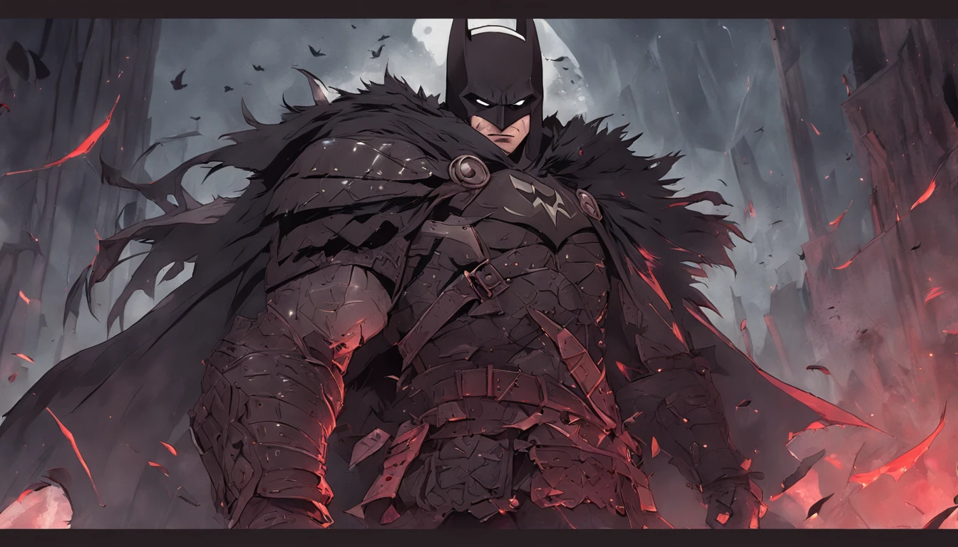 "Batman Viking com rosto do giurosa, Sorriso esquerdo, blood tears, sombrio, qualidade excepcional, multiple facial scars, Batman que ri, armadura viking das trevas, Gothic style." grayscale