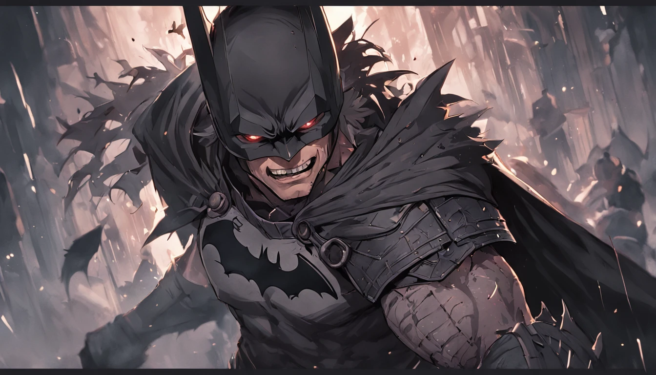 "Batman Viking com rosto do giurosa, Sorriso esquerdo, blood tears, sombrio, qualidade excepcional, multiple facial scars, Batman que ri, armadura viking das trevas, Gothic style." grayscale
