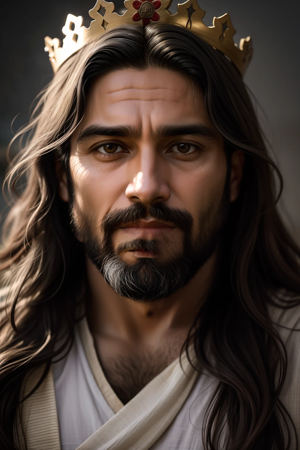 castillo, hombre viejo, rey viejo, creates a realistic portrait of Jesus, representing him as a simple and humble man. Highlight the calm and compassionate expression on your face, con ojos serenos y una sonrisa suave. Be sure to faithfully portray Jesus' characteristic facial features, como su barba y cabello largo. Add a crown of thorns on your head, enfatizando el aspecto doloroso, pero sin exagerar la violencia. colocar canas en sus cabellos, un viejo hombre. Use soft lighting to emphasize the aura of goodness and peace around you. The main focus should be on conveying the message of love and compassion that Jesus represents....... Por favor, Avoid any offensive or disrespectful depictions. The goal is to create a reverent and inspiring image that captures the essence of Jesus as a simple man and the Savior of mankind......."