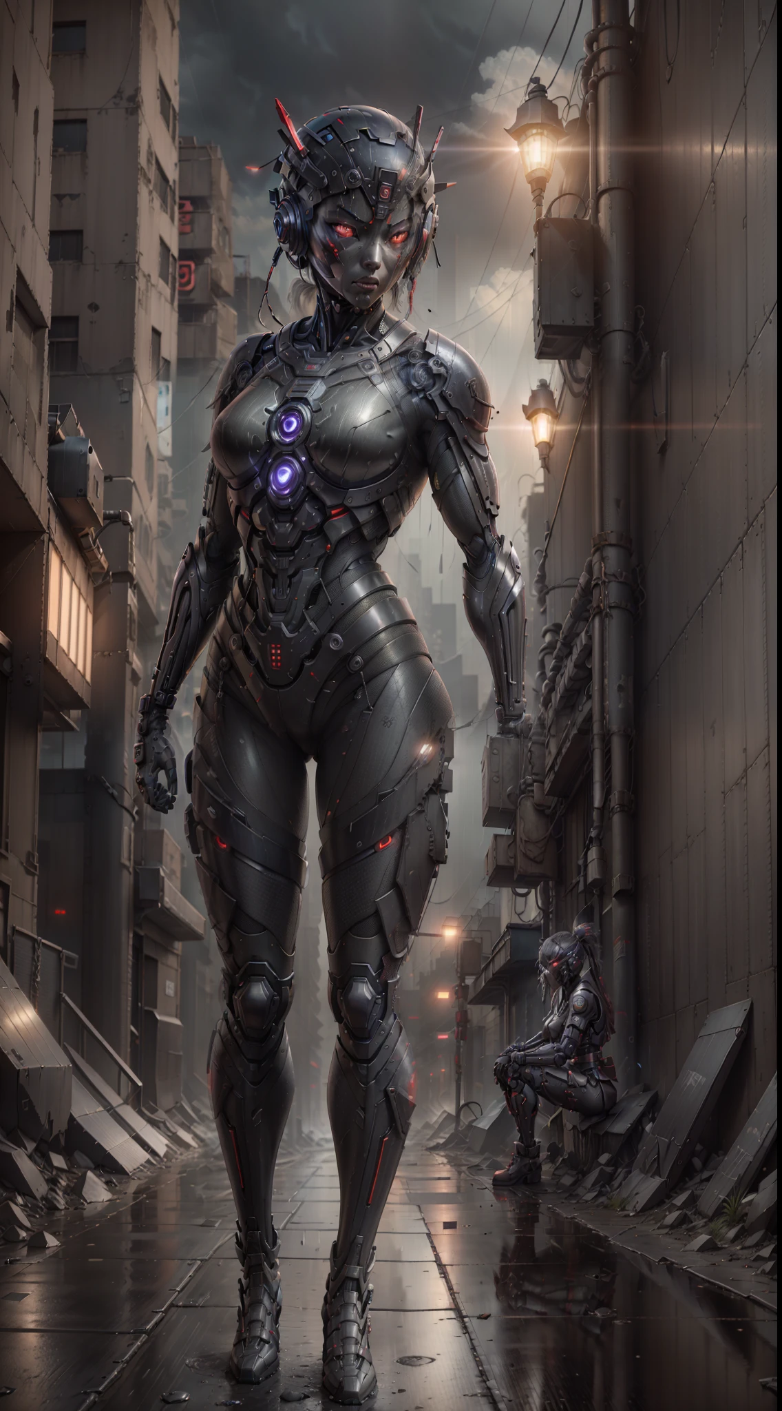 cybernetic japanese woman samurai in a ruined city, night, neon, rain, mechanic parts, cyborg, grey, red eyes, metal, mechanic arm, insane detail, 3d, nvidia raytracing, octane render, cinematic light, 8k
