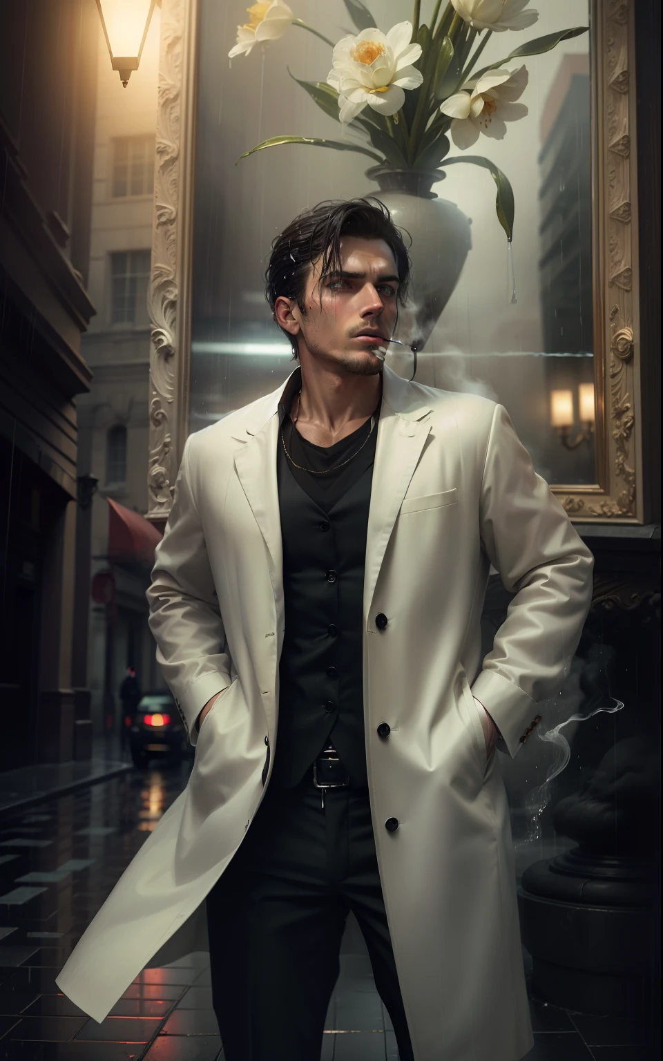 (a masterpiece), exceptional quality, in the rain, lonely, man in suit smoking (cigarette), looking up, slightly wet floor, reflection, neons." → "(a masterpiece), exceptional quality, in the rain, lonely, man in suit smoking (cigarette), looking up, slightly wet floor, reflection, neons:1.3". Real face