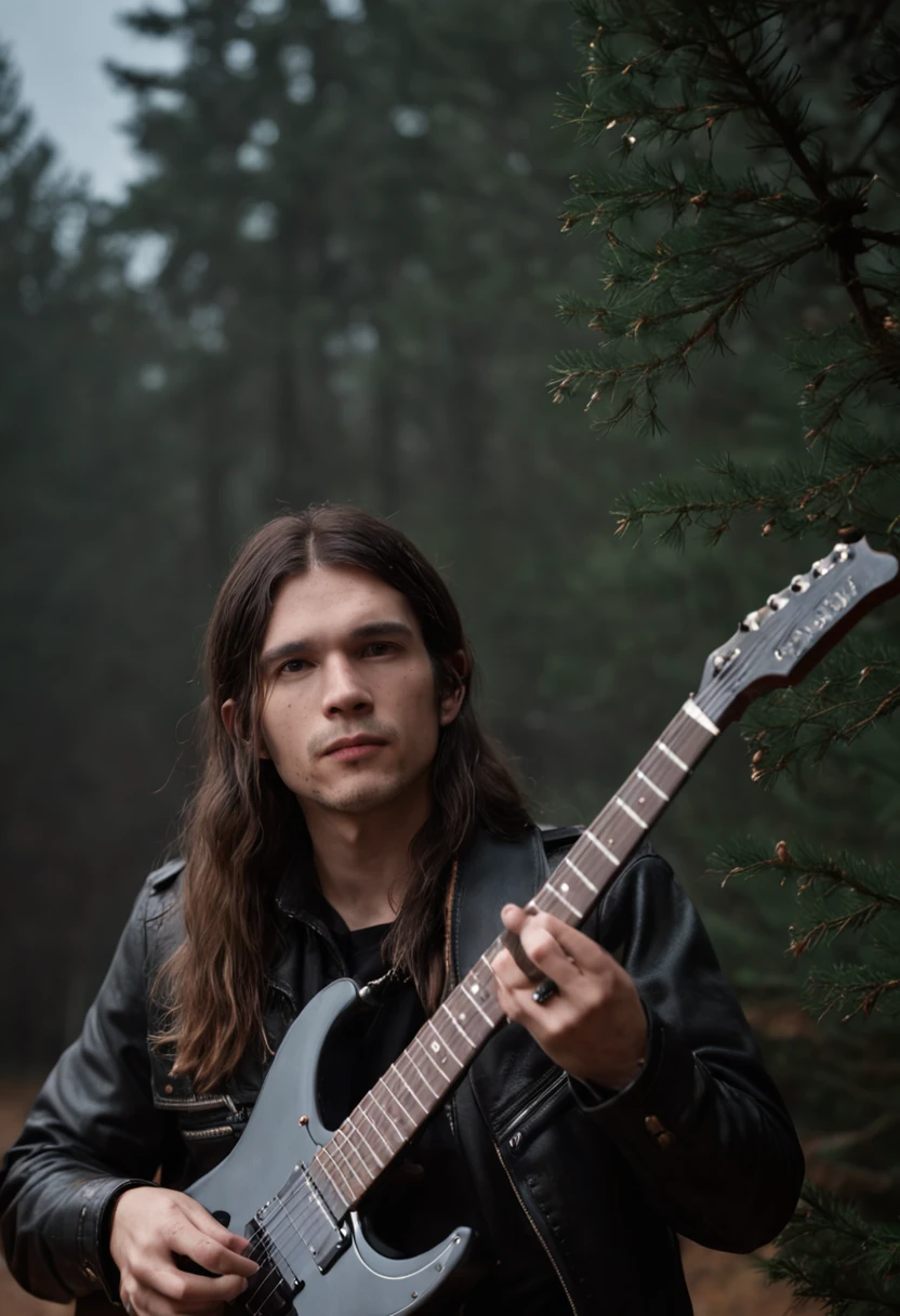guitarist, long hair, rain, pine trees, night, moon, pack of cigarettes, grunge, rock, heavy metal,