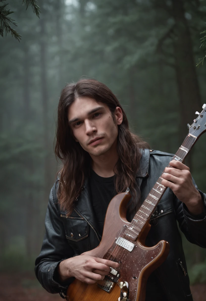 guitarist, long hair, rain, pine trees, night, moon, pack of cigarettes, grunge, rock, heavy metal,