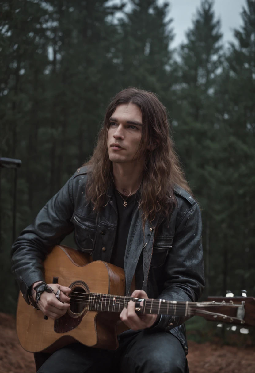 guitarist, long hair, rain, pine trees, night, moon, pack of cigarettes, grunge, rock, heavy metal,