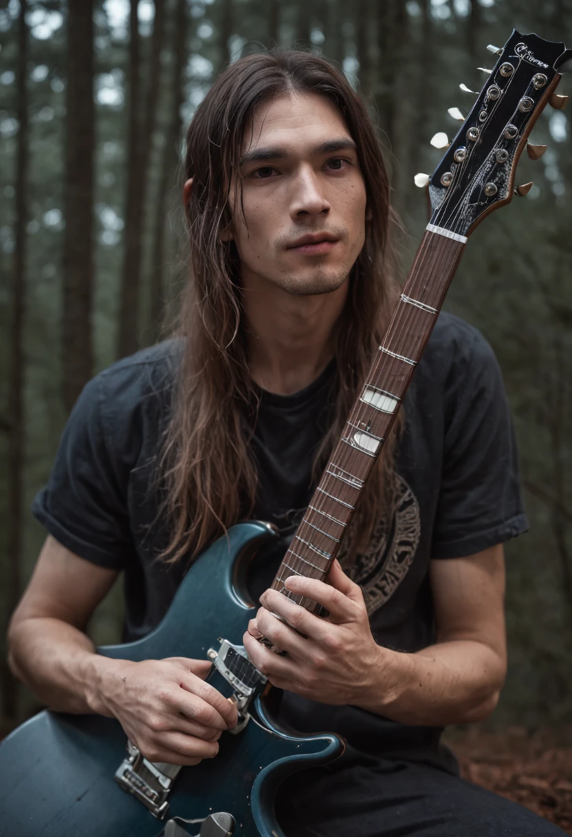 guitarist, long hair, rain, pine trees, night, moon, pack of cigarettes, grunge, rock, heavy metal,