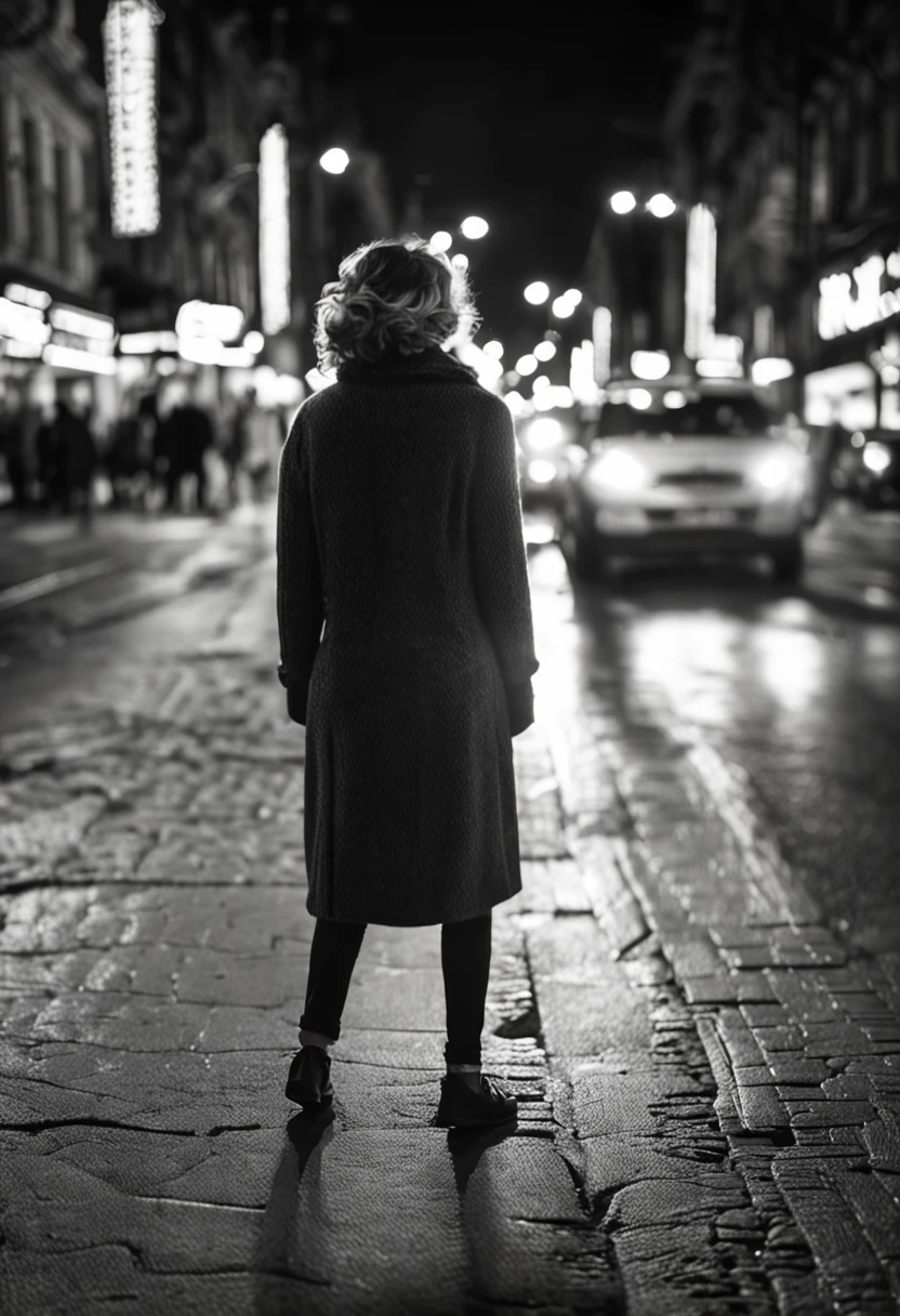 black and white photography olga karlovac style, street full of people , everybody in high speed motion blur , a sharped woman in perfect focus in the middle of the street looks at the camera , general view, wide angle lens, dramatic light, o