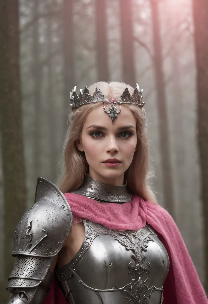 a misty Dark Forest, medieval time, knight Barbie DRESSED in dark decorated medieval steel decorated armor and pink cape, perfect face, perfect eyes, 80's medieval dark fantasy movie, ultra realistic, detailed face, film grain, (full body shot:2)