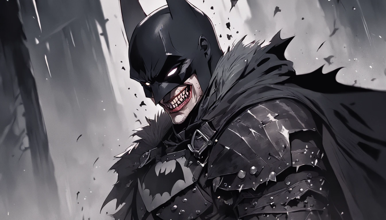 "Batman Viking with the face of the jester, Left smile, blood tears, dark, exceptional quality, multiple facial scars, back view, Batman who laughs, dark Viking armor, Gothic style, grayscale."