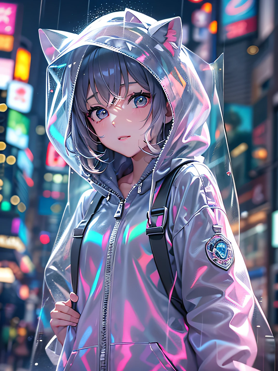 Super cute Q version baby girl standing in the rain in a transparent plastic hoodie, illustration iridescent, magically glowing, shiny colorful, holograph, By Yuumei, Anime art wallpaper 8 K, Guviz-style artwork, Anime art wallpaper 4k, Anime art wallpaper 4 K, Beautiful anime artwork, Digital anime art, Guviz,(full bodyesbian:1.2)