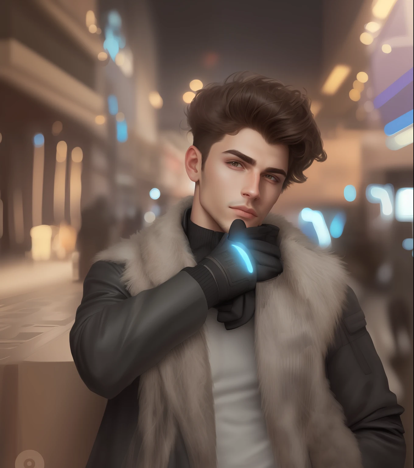 Handsome Boy with jacket realistic face  futuristic background