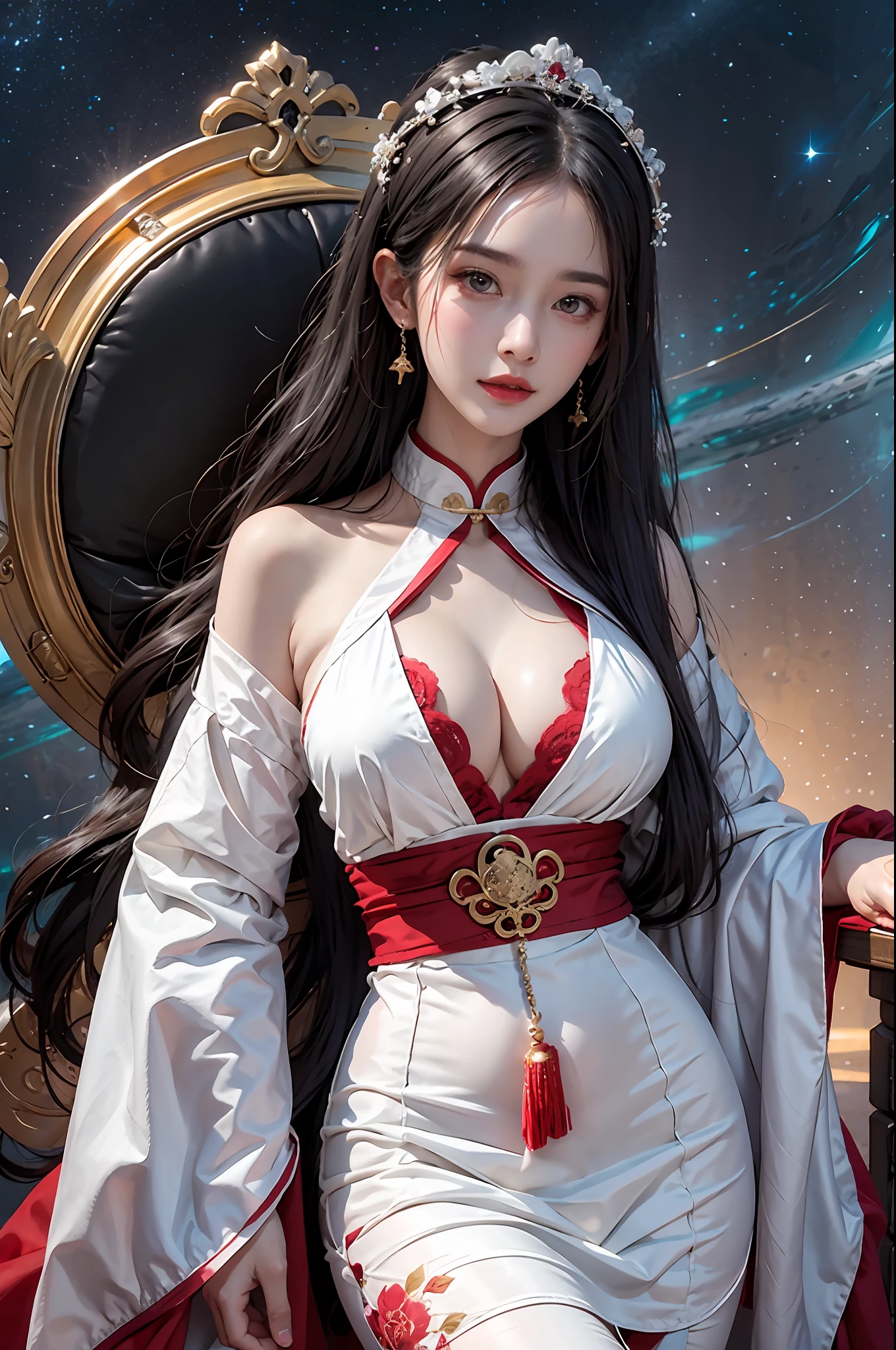 Portrait of a young 20-year-old saint, a saint with a beautiful and super cute face,wearing a very thin and sexy ao dai, beautiful cute face, Ao dai with a deep slit in the chest and attractive black and white lace trim, beautiful face without blemishes, Lovely smile, ((7-color hair length:1.2)), big crown, hair brooch, hanfu dress, chinese ancient style, full body jewelry, forehead tattoo, The female saint's breasts are round and very full, breast augmentation, innocent face, The most beautiful and detailed light red lipstick, ((Thin plump lips:0.3)), delicate pink and white eyes (white and detailed) cinematic, light and dark, dramatic lighting, magical light, extremely detailed light, true color, super sharp, realistic, 8k quality, saints and magical space, the most detailed images, Solo, a saintess, ((looking directly at the saint's upper body:0.4)), ((smooth skin:0.5)), ((universe background:1.2)), (outdoor:0.8),