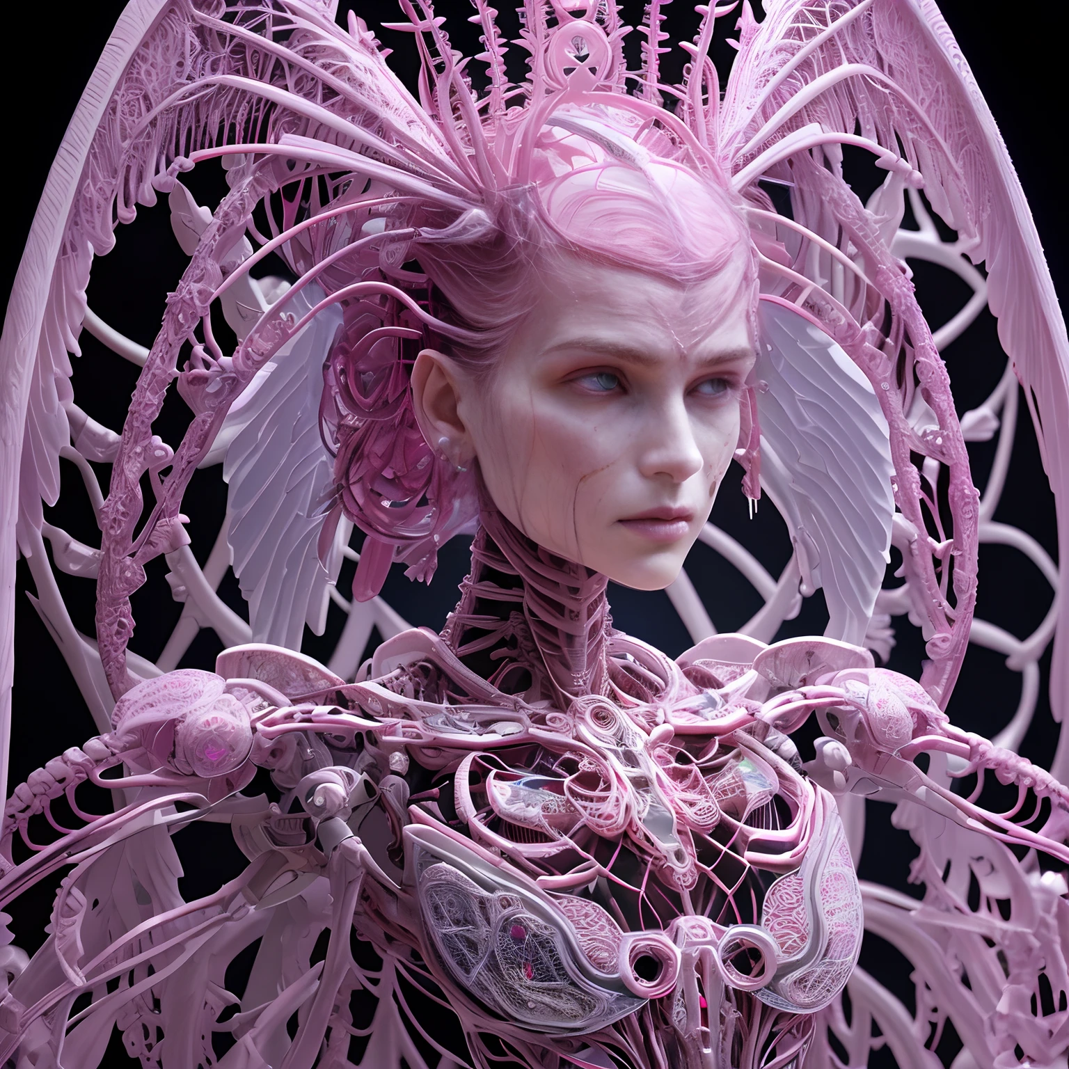 complex 3d render ultra detailed beautiful death angel, biomechanical cyborg, analog 150 mm lens, beautiful natural soft rim light, neon vein, roots, fine foliage lace, colorful details, Boris Bidjan Saberi outfit, pearl earrings, piercing, art nouveau fashion embroidered, intricate details, mesh wire, mandelbrot fractal, facial muscles, cable wires, microchip, badass, hyper realistic, ultra detailed, octane render, volumetric lighting, 8k post-production, red and white with a bit of black, detailled metalic bones, semi human, iridescent colors, Glenn Brown style, futuristic room, power of the god, high-angle shot, complex body poses