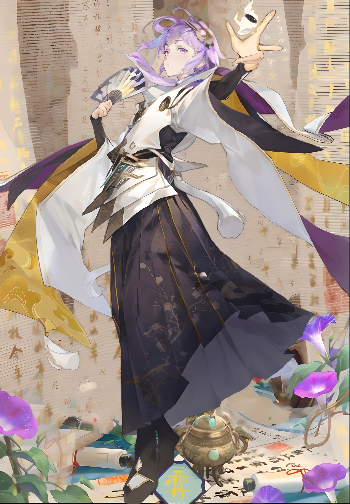 tmasterpiece,HighestQuali,(China-style),Anime girl in white and purple costume standing in garden, concept-art：Hero,long white robe, pixiv contest winner, shin hanga, Onmyoji detailed art, zhongli from genshin impact, onmyoji,  heise jinyao, From Arknights, onmyoji portrait