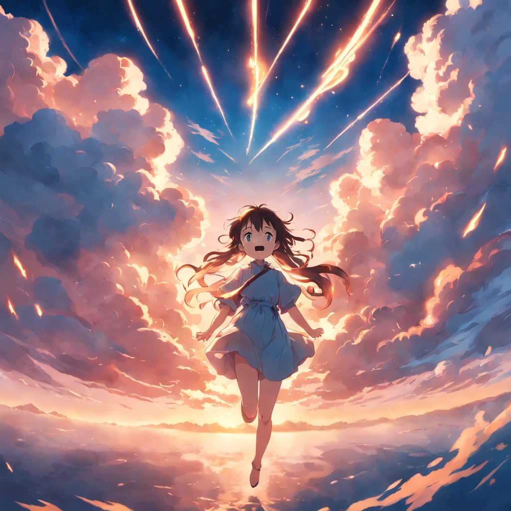 masterpiece, best quality, movie still, 1girl, cloud girl, floating in the sky, close-up, bright, happy, warm soft lighting, sunset, (sparks:0.7)