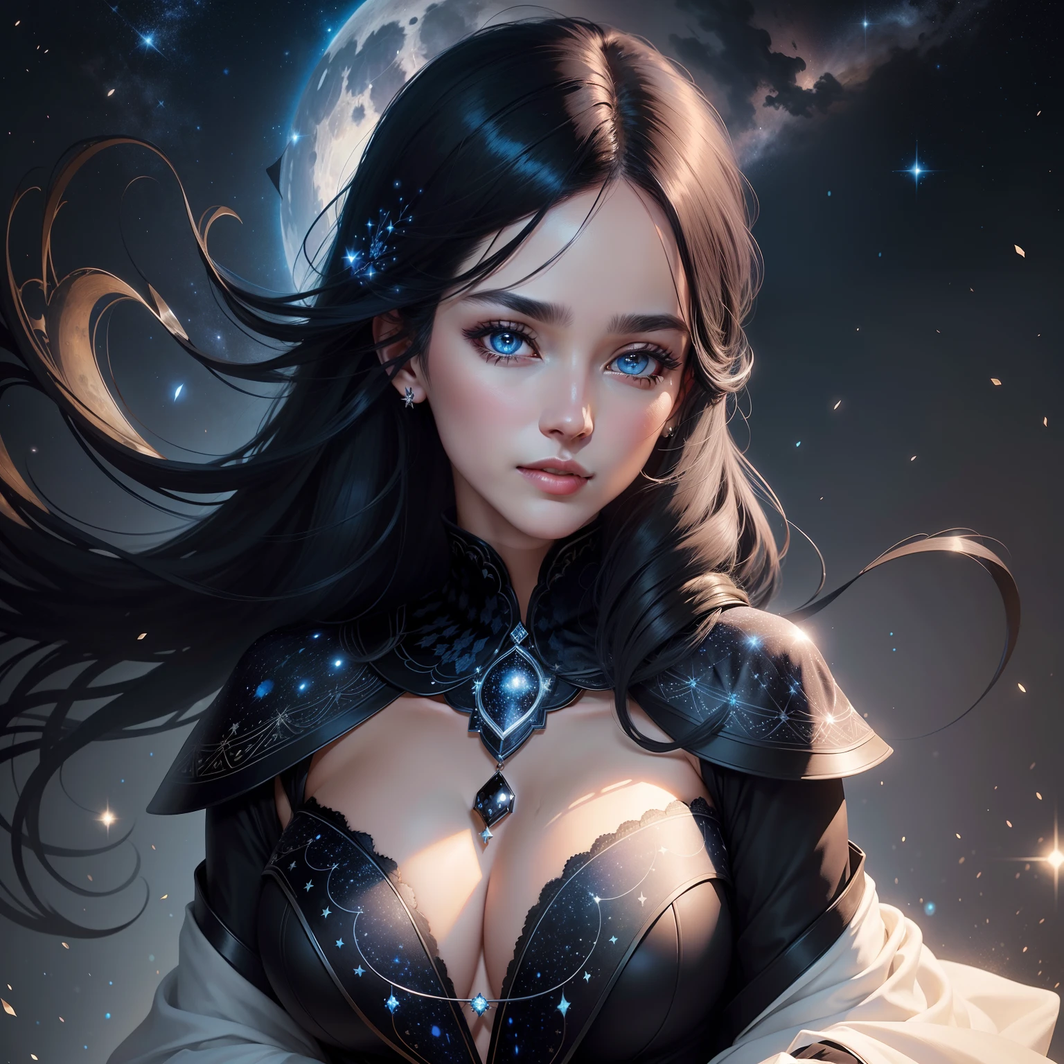 The background is a starry sky and a bright moon,A mature woman with black shawl hair,blue color eyes,Wearing a white coat,Black neck collar,On the left chest is a magic array pattern,On the right chest is a logo formed by the word lyc