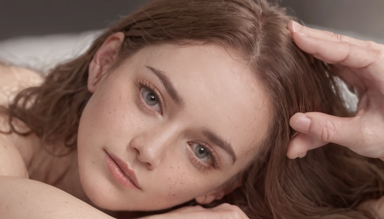 RAW, professional photograph, movie photograph, close up pussy, spread pussy, female ejaculation, cum in pussy, wet skin, female, adult, lying on bed, spread legs, nude, cute face, soft facial features, long hair, straight hair, flat body, Realism, hyperrealism, ray tracing, high details, super detail, UHD, 8k