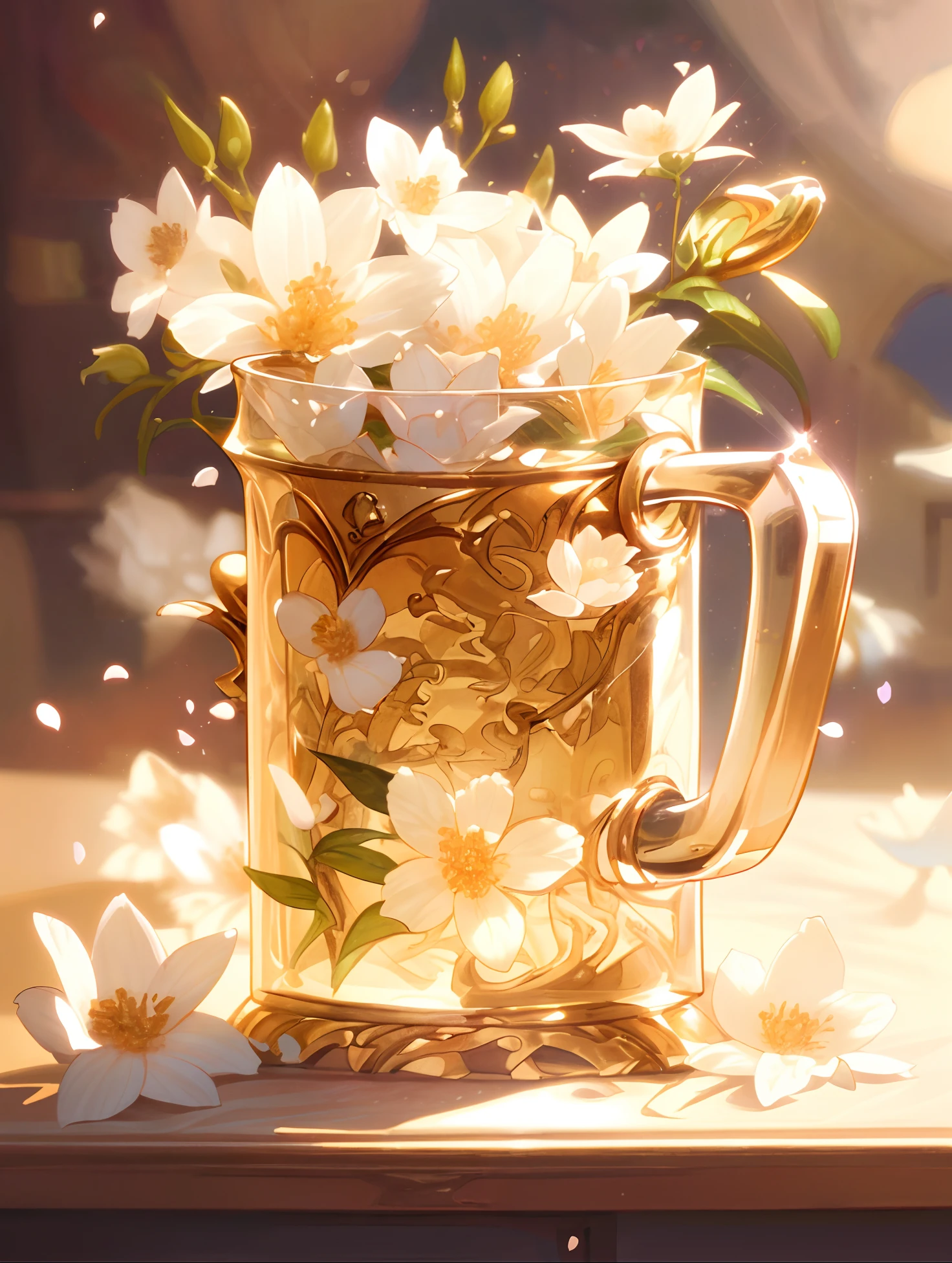there is a glass mug filled with tea and flowers on a table, beautiful digital artwork, very realistic, cute detailed digital art, beautiful art, beautiful artwork, 🌺 cgsociety, beautiful digital art, overdetailed art, amazing wallpaper, highdetailed, 8k high quality detailed art, golden flowers, beautiful wallpaper, sparkling petals, detailed art, gorgeous digital art, magical flowers