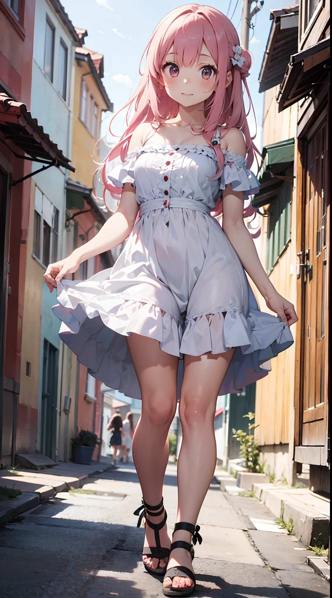 Top image quality、in 8K、Girl with pink hair、Standing、Model Posing、Super long hair、off shoulders、White summer dress、One thigh、sandal、Solid color wall background