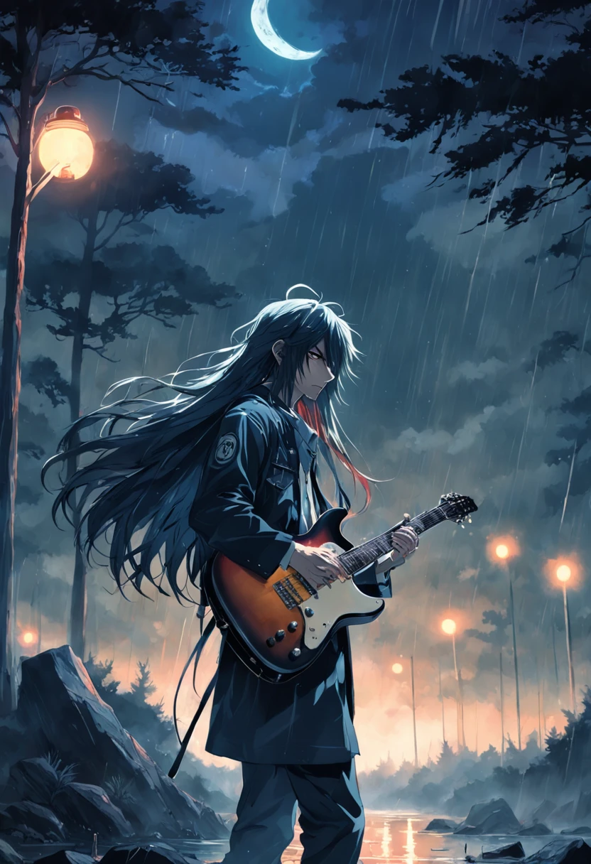 guitarist, long hair, rain, pine trees, night, moon, pack of cigarettes, grunge, rock, heavy metal,
