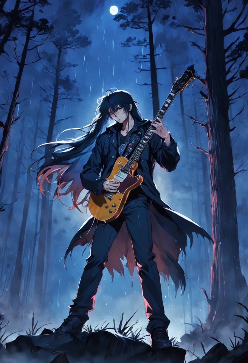 guitarist, long hair, rain, pine trees, night, moon, pack of cigarettes, grunge, rock, heavy metal,