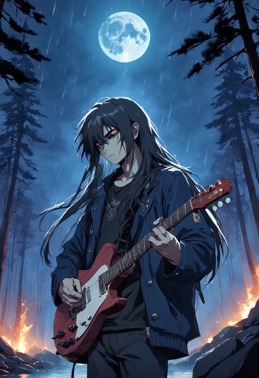 guitarist, long hair, rain, pine trees, night, moon, pack of cigarettes, grunge, rock, heavy metal,