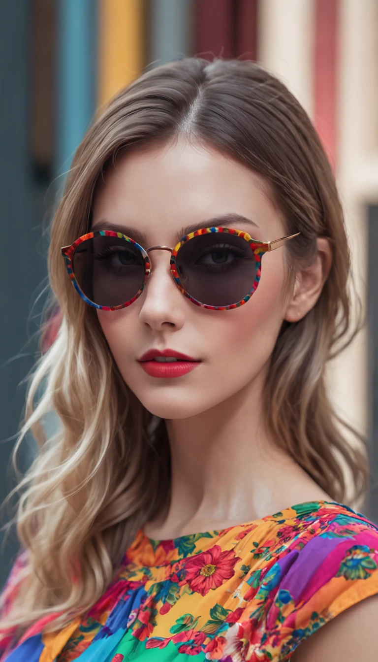 a close up of a woman with sunglasses and a colorful dress, digital art by derek zabrocki, pinterest, pop art, colorful fashion, colourfull, colorfull, pop and vibrant colors, extremely colorful, very vibrant colors, colorful!!!, evil. vibrant colors. cute, very colorful, very colourful, fashion photography, bold psychedelic colors, super colorful