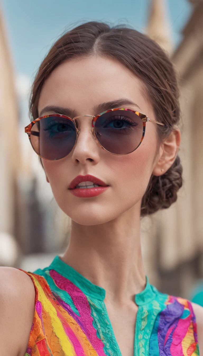 a close up of a woman with sunglasses and a colorful dress, digital art by derek zabrocki, pinterest, pop art, colorful fashion, colourfull, colorfull, pop and vibrant colors, extremely colorful, very vibrant colors, colorful!!!, evil. vibrant colors. cute, very colorful, very colourful, fashion photography, bold psychedelic colors, super colorful