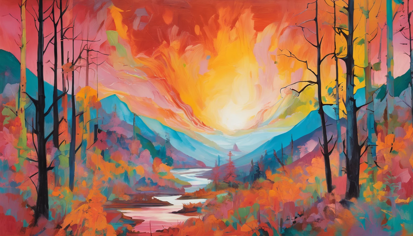 Intricate painting of a Japanese forest in great detail, By scope Murata Works, Galaxy in the background, Clouds, bright colours, high contrast, Mountain, Vector line art, Orange highlights, Pisif's trend, Anime concept art, stick, matte, High best quality, Edge to edge, Sanskrit