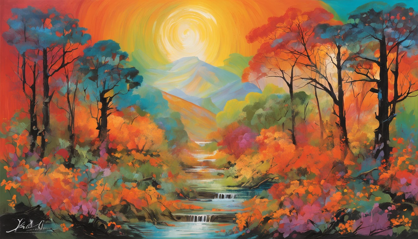 Intricate painting of a Japanese forest in great detail, By scope Murata Works, Galaxy in the background, Clouds, bright colours, high contrast, Mountain, Vector line art, Orange highlights, Pisif's trend, Anime concept art, stick, matte, High best quality, Edge to edge, Sanskrit