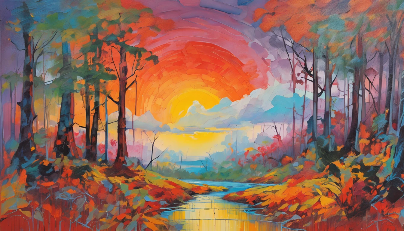 Intricate painting of a Japanese forest in great detail, By scope Murata Works, Galaxy in the background, Clouds, bright colours, high contrast, Mountain, Vector line art, Orange highlights, Pisif's trend, Anime concept art, stick, matte, High best quality, Edge to edge, Sanskrit
