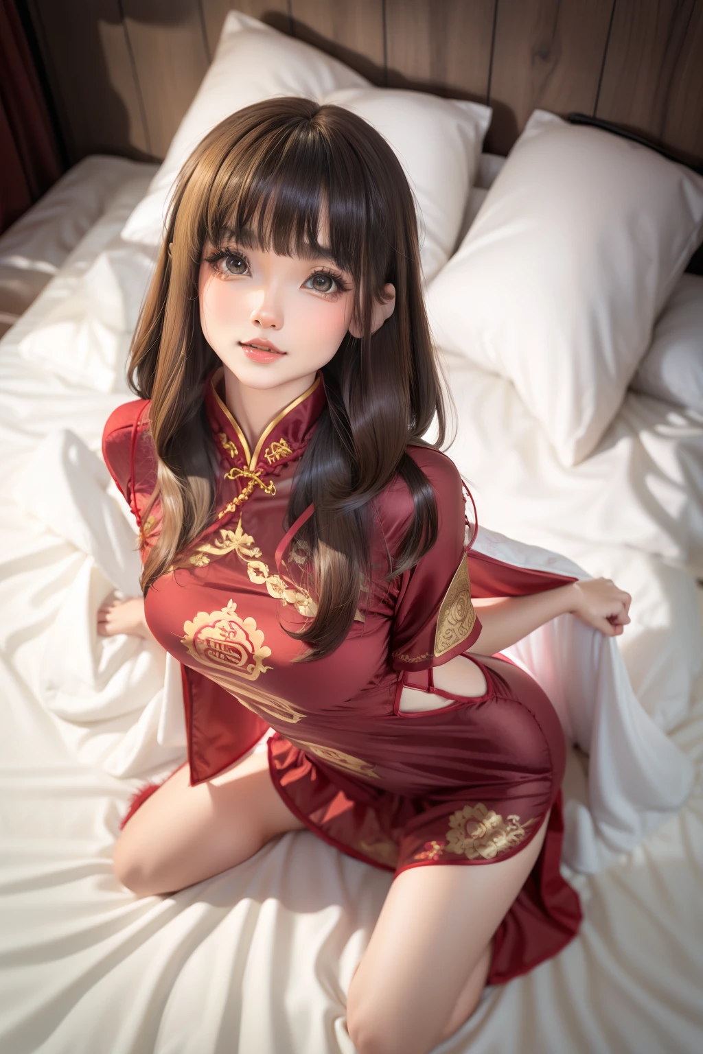 brunette color hair，teens girl，Cheongsam pajamas，Look up，Qi bangs，sit on a bed