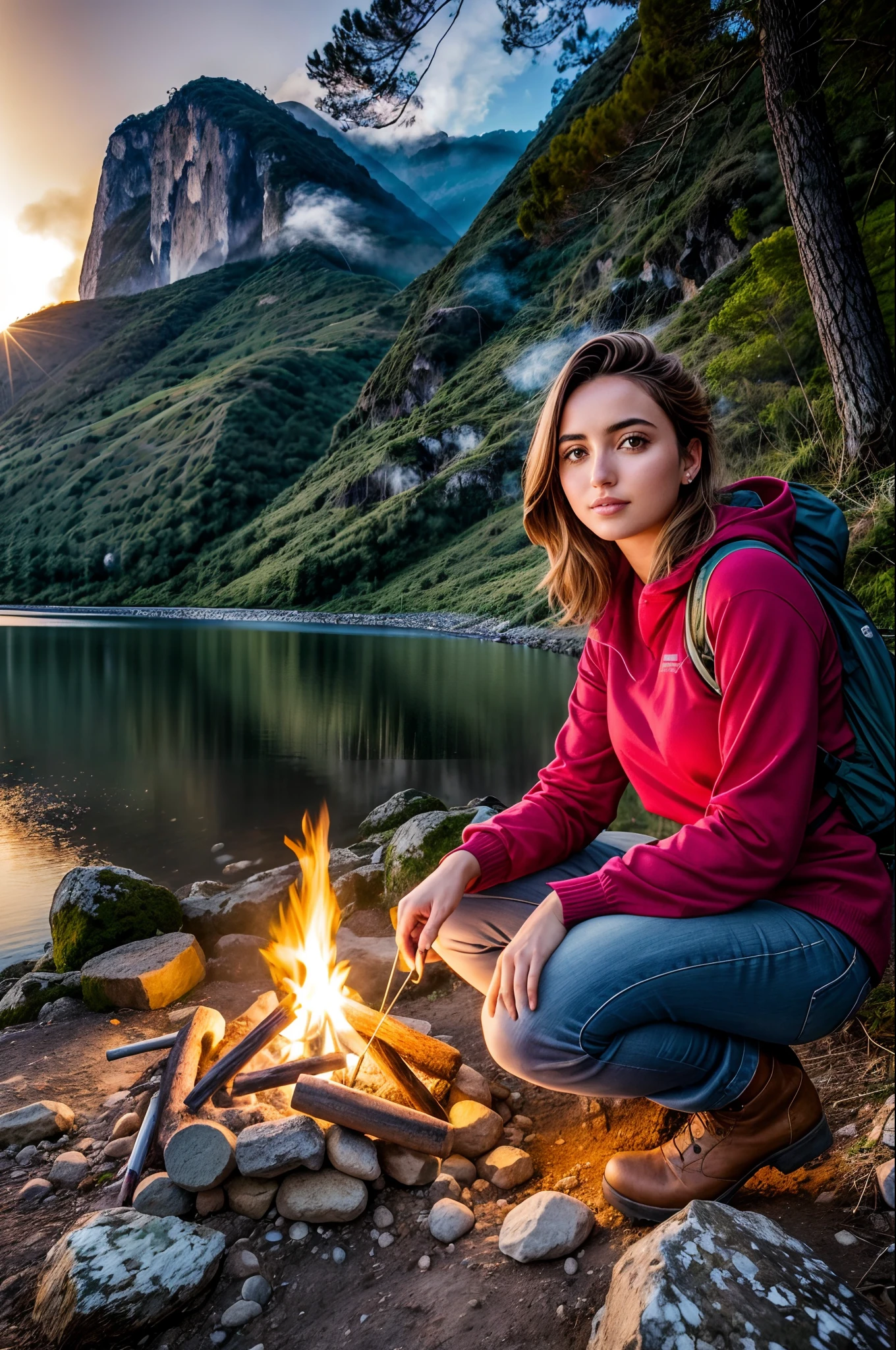 Ana de Armas ((selfie da parte superior do Rio de Janeiror do corpo, Feliz)), obra-prima, melhor qualidade, ultradetalhado, sozinho, ao ar livre, (noite), montanhas, Natureza, (estrelas, ..lua) Alegre, Feliz, mochila, Saco de dormir, camping stove, bottled water, botas de montanha, Luvas, pullover, kalap, lanterna, floresta, pedras, Rio de Janeiro, madeira, smoke billowing, Sombras, contraste, clear sky, analogue style (matiz quente, tom quente): 1.2), Close-up, cinematiclight, side-lighting, Ultra high resolution, melhor sombra, .RAW, parte supeRio de Janeiror do corpo, Wearing Pullover Kodak Vision 3,