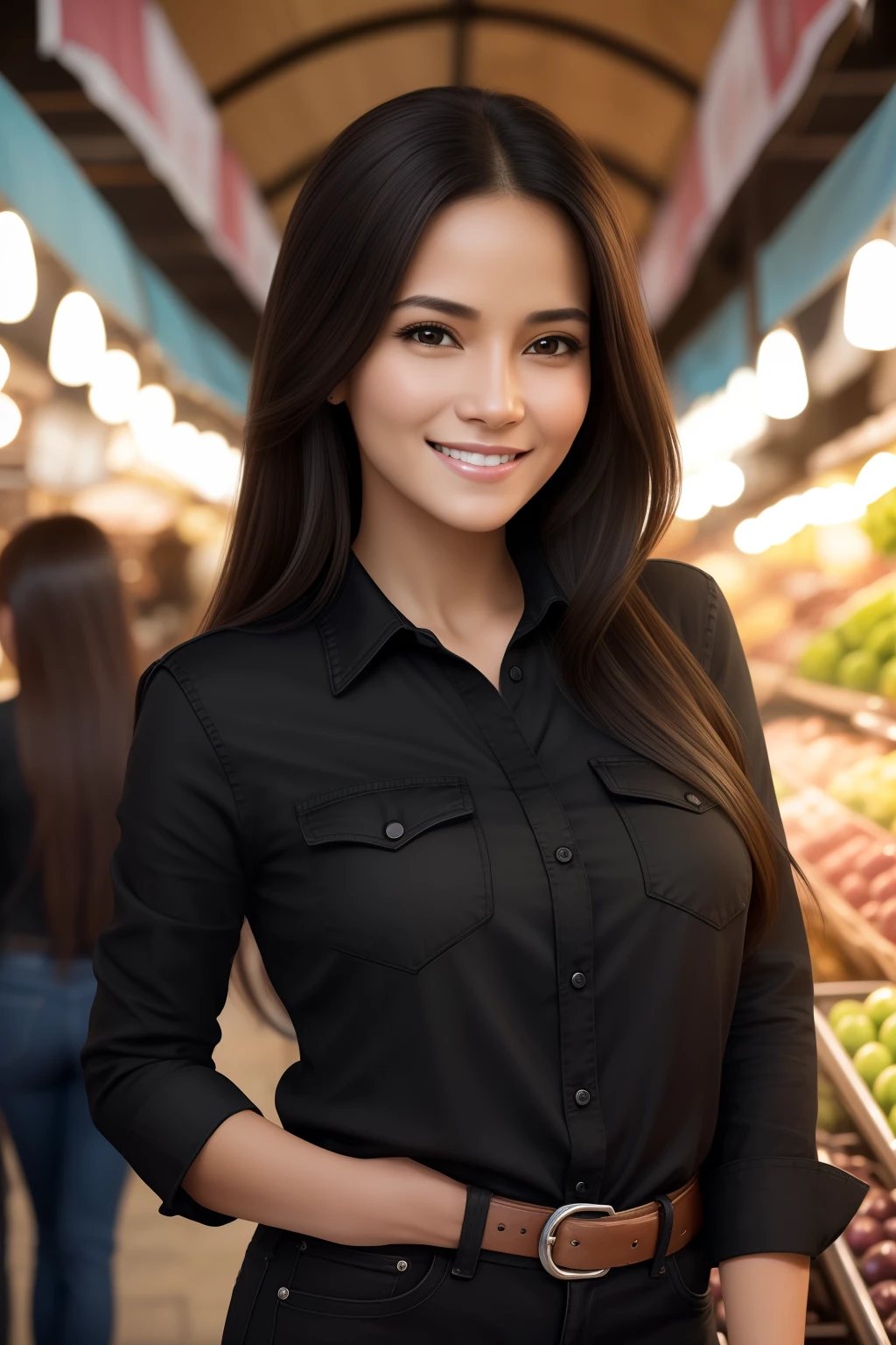 portrait of a women, black shirt, black denim pants, smiling, long brown hairs, brown eyes, realistic, sharp, looking at camera, centre, background: a busy market
