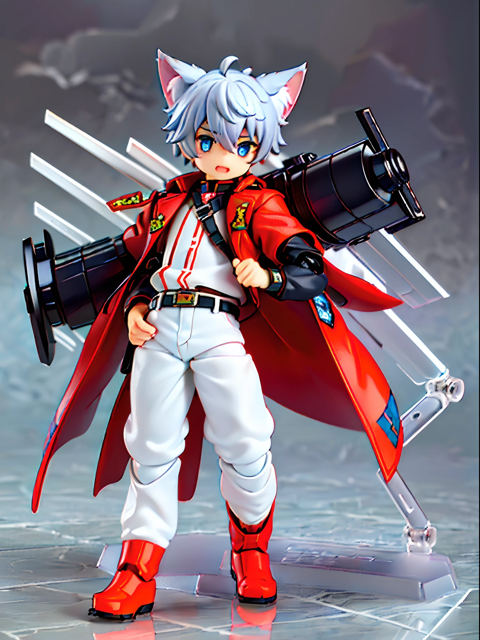 ((younge boy)),Wolf ears,Deep eyes,Locomotive goggles,Mech full body set,Mech arm,Racing boots,tchibi,blindbox,Clay texture,Best quality,a 3D render,vinyl toy figurine。8K quality,run