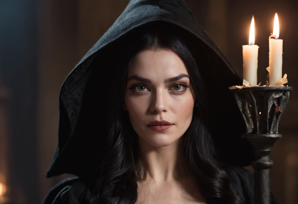 medieval wicked sorceress Margot Robbie with black hair dressed in a medieval black robe and black witch hat, (sitting on a throne:2), perfect face, perfect eyes, dark tower lt by candles, perfect face, perfect eyes, 80's dark fantasy movie, FULL BODY