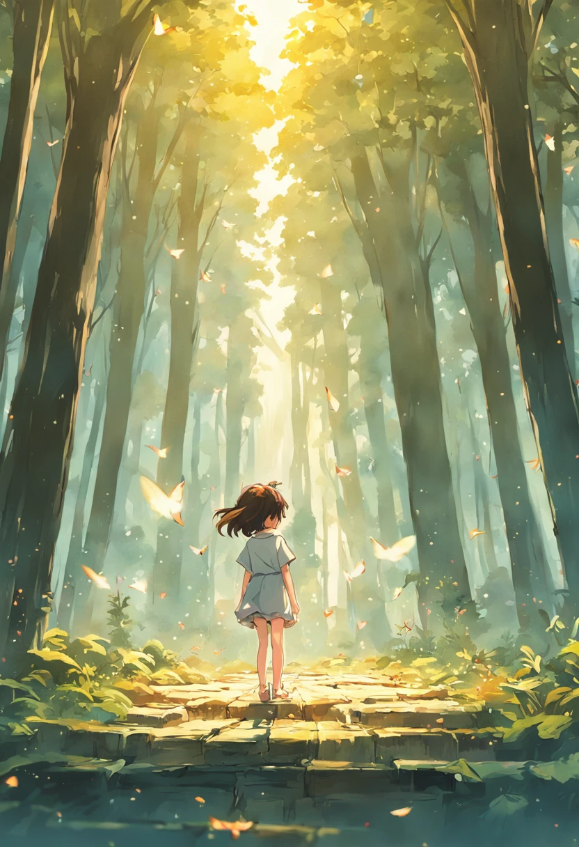 Menina de 5 anos, cabelo longo, liso e preto, olhos brilhantes, utilizando roupas camponesa, Tocando piano na floresta, Easy poses and axes, aperto de alegria, Pintura SNES