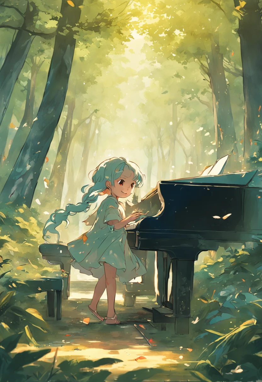 de 5 anos, cabelo longo, liso e preto, olhos brilhantes, utilizando roupas camponesa, Tocando piano na floresta, Easy poses and axes, aperto de alegria, Pintura SNES