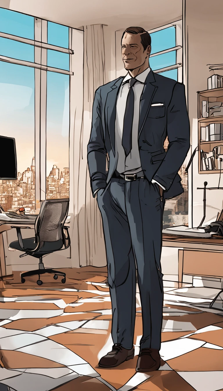 A lawyer is sitting on his porch, which is part of your home office, admiring the view from the 12th floor. The sun is about to rise and the sound of the sea waves and the birds singing create a serene and tranquil atmosphere. He is dressed in a well-cut suit and holds a glass of wine in one hand. Na mesa baixa em frente a ele, There is a chessboard with some black and white pieces. He is immersed in a game of chess with himself, seeking to enhance their strategic skills and their critical thinking power to make more accurate decisions.A lawyer sitting in his comfortable chair, na varanda de seu Home Office, com ar pensativo, next to the glass window on the 12th floor, from where you can only hear the noise of the waves breaking in the sea and give birds singing, after all it's 5 a.m.. He's wearing a well-cut suit and holds a glass of wine in one hand, while the other rests on the low and simple table where there is a tray with some black and white pieces. The lawyer is involved in a game of chess with himself, where it seeks to acquire strategic skill and critical thinking power, to make your decisions.