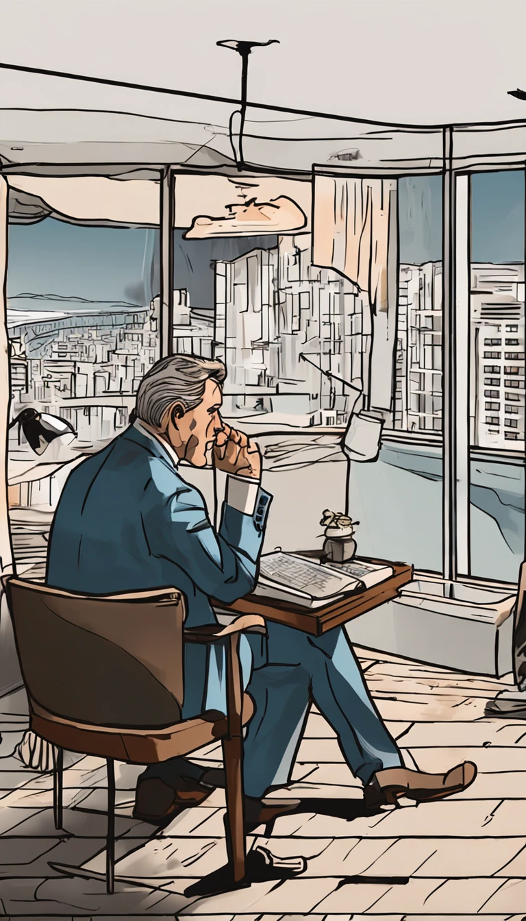 A lawyer is sitting on his porch, which is part of your home office, admiring the view from the 12th floor. The sun is about to rise and the sound of the sea waves and the birds singing create a serene and tranquil atmosphere. He is dressed in a well-cut suit and holds a glass of wine in one hand. Na mesa baixa em frente a ele, There is a chessboard with some black and white pieces. He is immersed in a game of chess with himself, seeking to enhance their strategic skills and their critical thinking power to make more accurate decisions.A lawyer sitting in his comfortable chair, na varanda de seu Home Office, com ar pensativo, next to the glass window on the 12th floor, from where you can only hear the noise of the waves breaking in the sea and give birds singing, after all it's 5 a.m.. He's wearing a well-cut suit and holds a glass of wine in one hand, while the other rests on the low and simple table where there is a tray with some black and white pieces. The lawyer is involved in a game of chess with himself, where it seeks to acquire strategic skill and critical thinking power, to make your decisions.