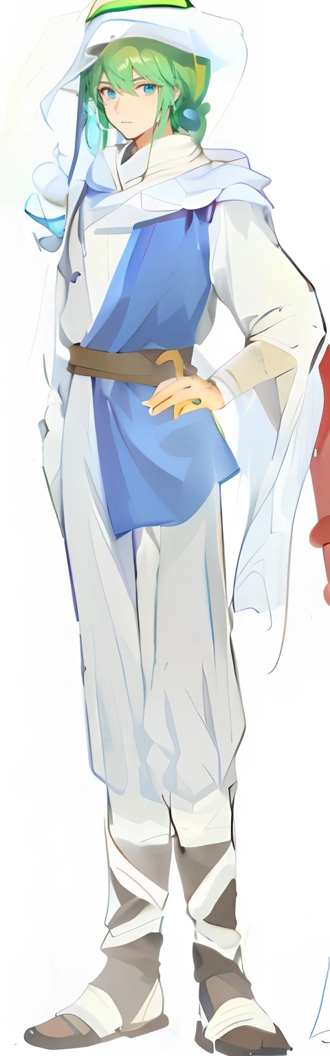 Anime characters wearing green hats in blue and white, full body close-up shot, flowing white robe, boromir in an 80\'s anime world, flowing hair and long robes, blue tunic and robes, wearing a long flowing robe, White cloak, picture of a male cleric, heise jinyao, long white cape, very long white cloak,high qulity