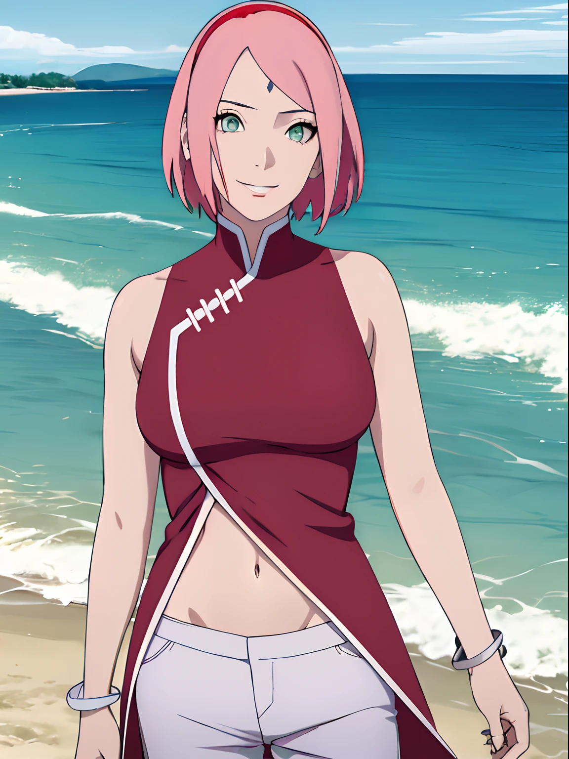 masterpiece, 1k, portrait, face shot, professional artwork, detailed beach background, intricate details, colorful, digital blending, (ultra detailed body, ultra detail hair, ultra detail face), trending on pixiv, kind smile, very hot color, best quality, anime style: 1.9, 1girl, hires, haruno sakura, contrasty lighting, (forehead mark, milf, red hairband, pale skin, short hair, ((red sleeveless dress), white pants), navel, groin, bracelet, looking at viewer, crossed arms, pink hair, green eyes, smile, beach, wind, floating hair, detailed arms, off-shoulders, slightly muscular arms, standing), sunnyday