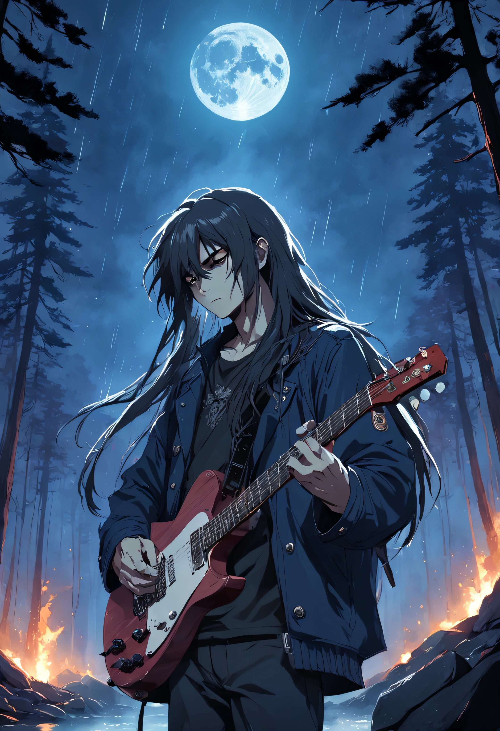 guitarist, long hair, rain, pine trees, night, moon, pack of cigarettes, grunge, rock, heavy metal,