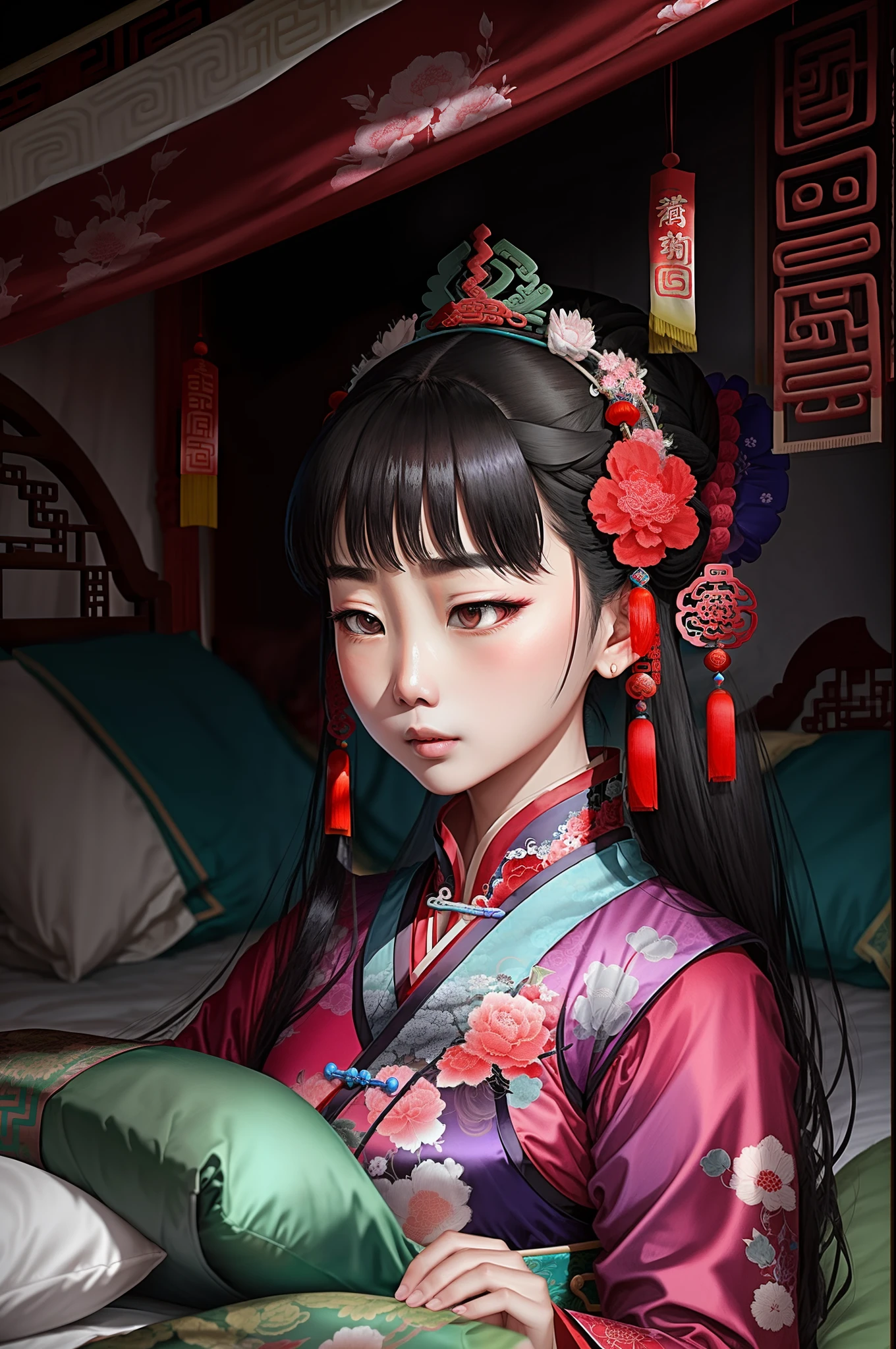 The ancient Chinese empress's clothes were messy on the bed, and her expression was lost and her shoulders were bared，teens girl，Neck raised，