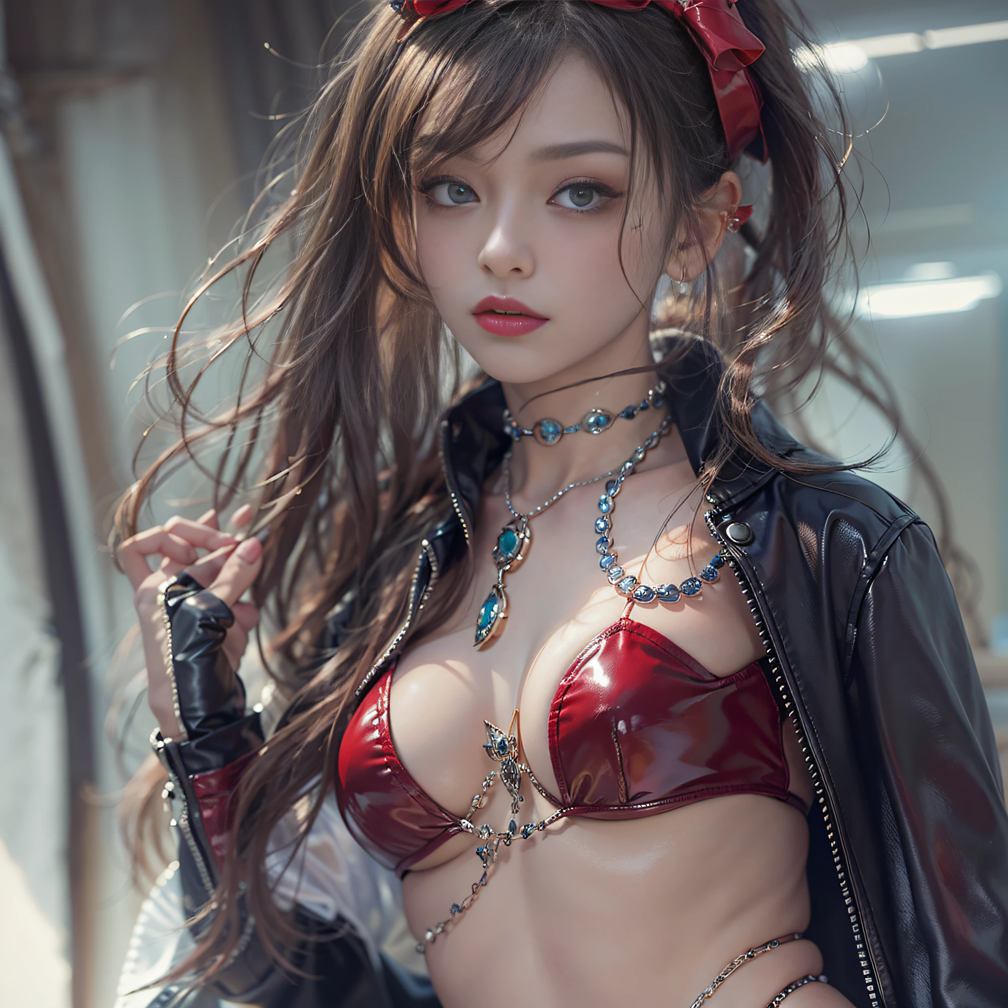 ((masterpiece:1.4)、(top-quality:1.4)、(reallistic:1.7))、a beauty girl、Super sexy daughter、Super beautiful girl、1girl in、Glossy luxury latex、Luxury Latex Bodysuit、By Luis Royo、age19、Super Ultra Ultra Bikini、beautiful countenance、kawaii faces、Beautiful udder、Beautiful ass、A detailed eye、beautidful eyes、Raw photo、red-lips、Red high heels、a choker、a necklace、耳Nipple Ring、