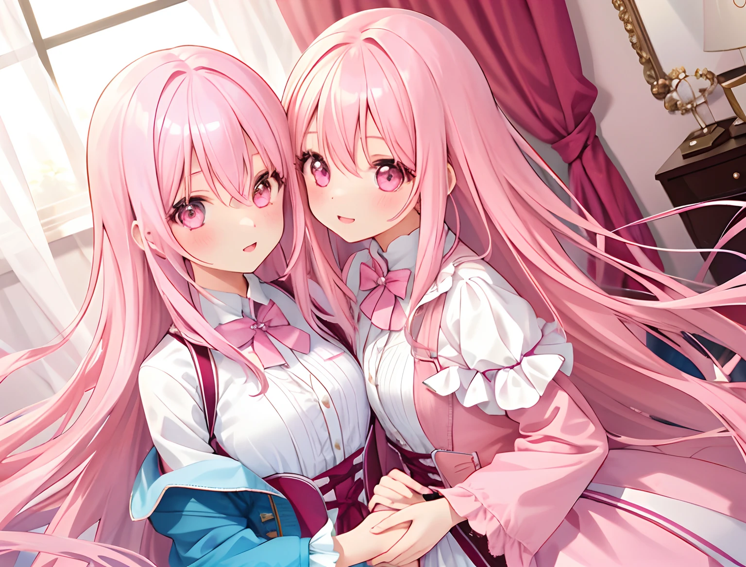 2girls，Girl1：，adolable，A pink-haired，long whitr hair，girl 2：A pink-haired，long whitr hair，Touch each other's chests